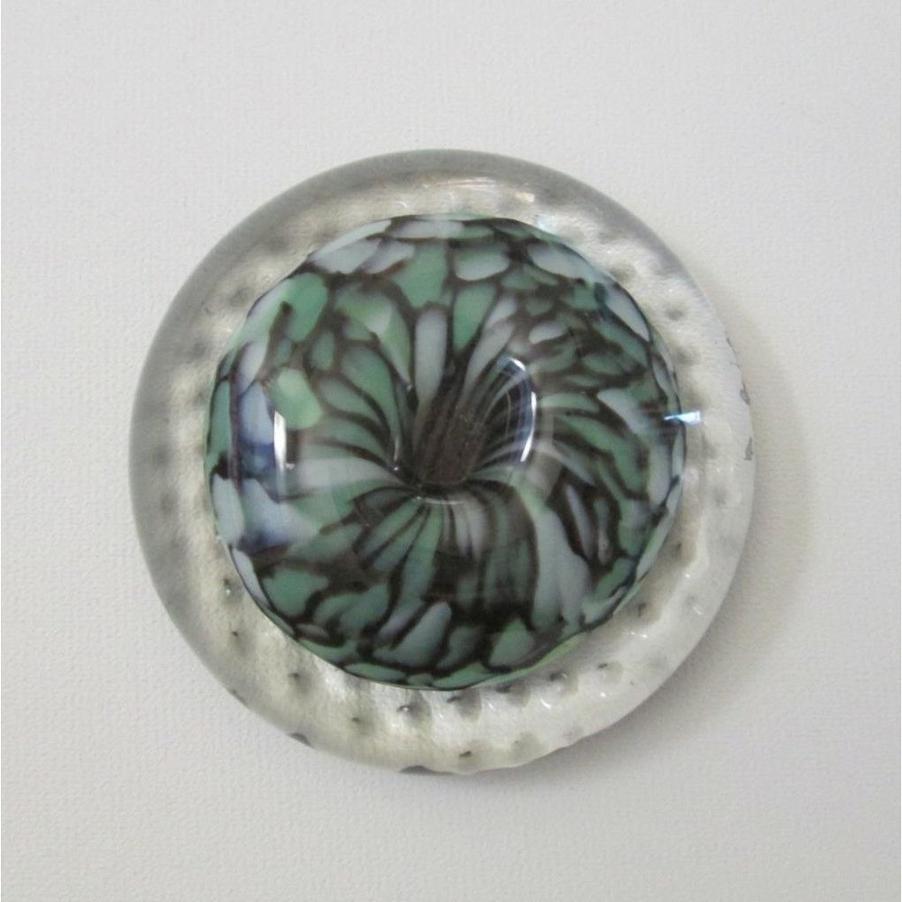 Peter Patterson Art Glass Paperweight Clear Bubbles Green Black Speckled Dome